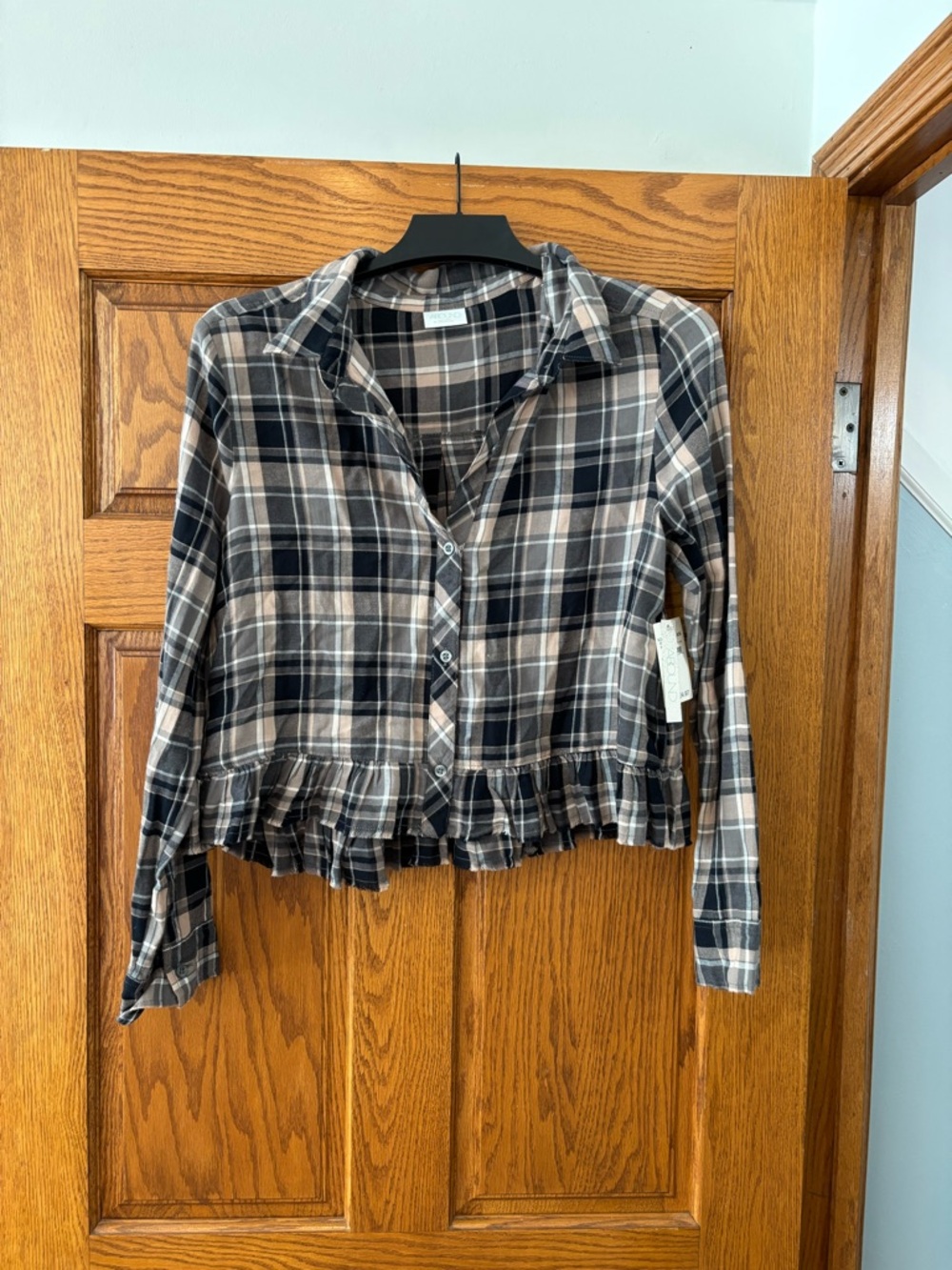Abound Black and Beige Plaid Button-Down Ruffle Hem Shirt